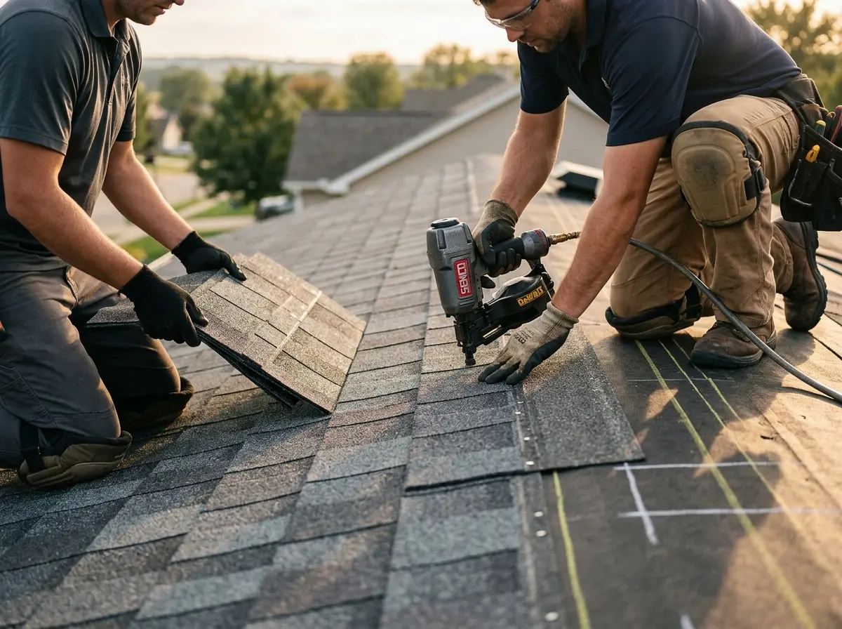 Professional roofer working on a residential roof in Greensboro